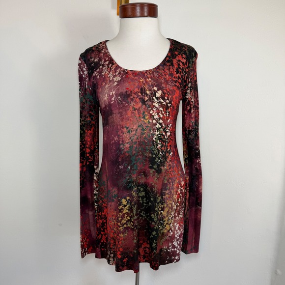 Peruvian Connection Dresses & Skirts - Peruvian Connection Floral Print Tunic Dress Burgundy Small Boho Art To Wear
